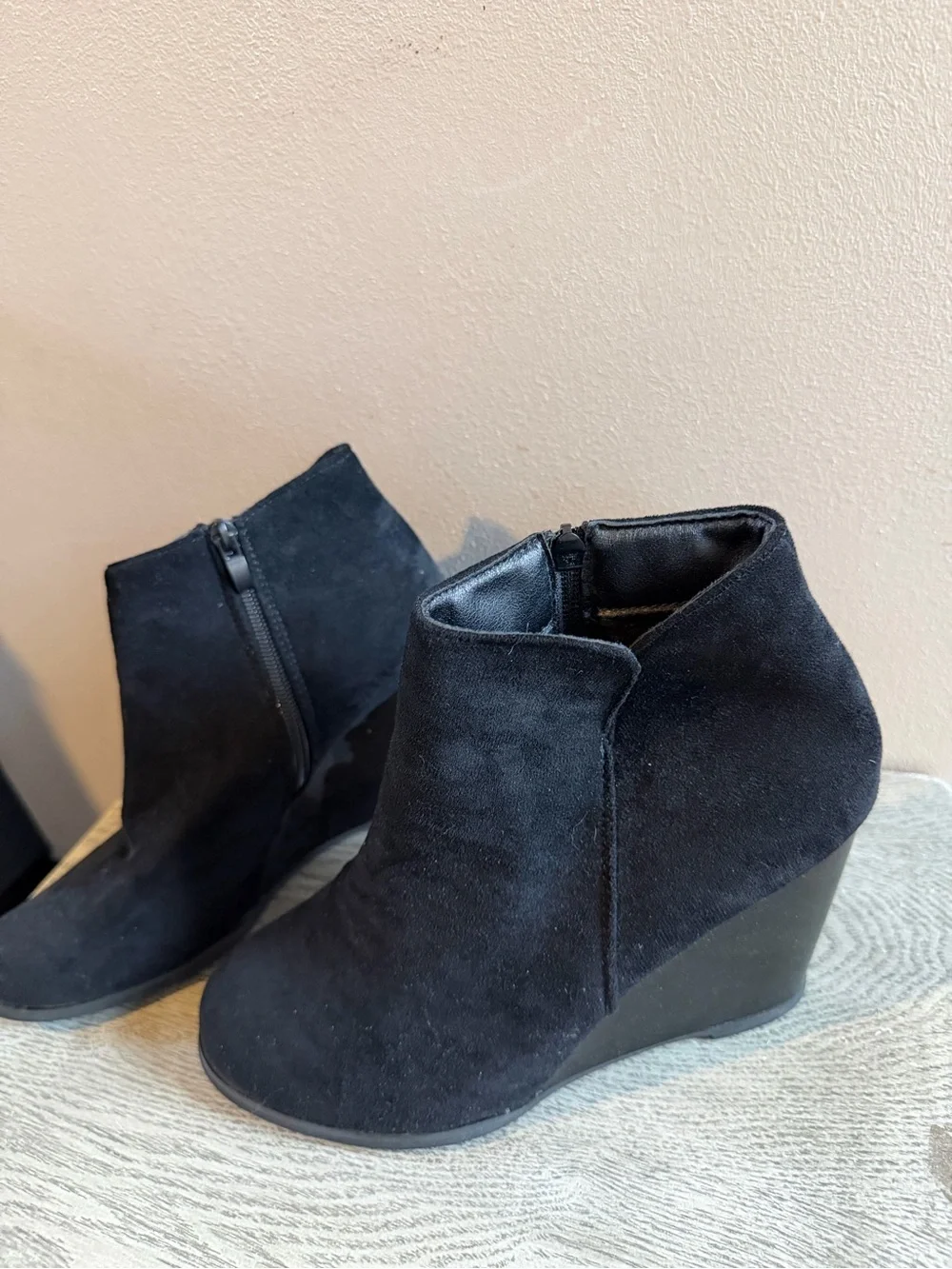Black Suede Wedge Ankle Bootie - Women's